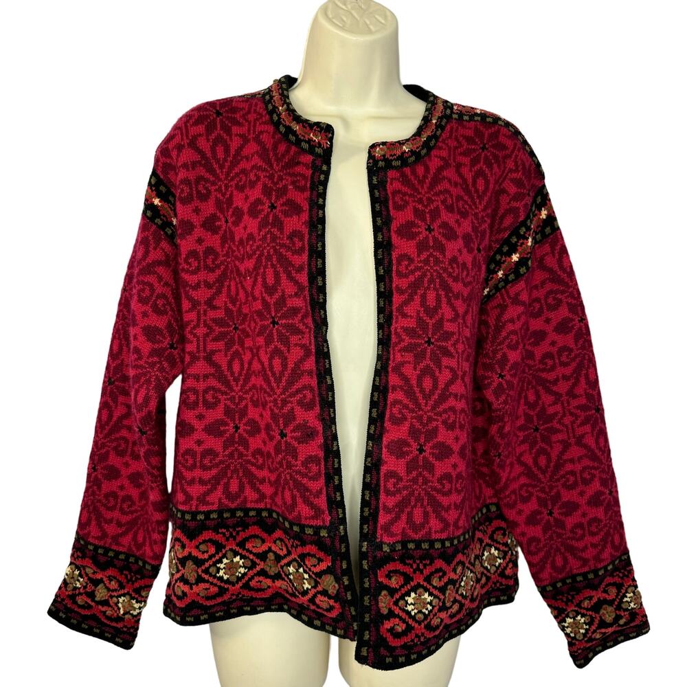 Icelandic Design Vintage Wool Cardigan Jacket Knit Open Front Red Women's M